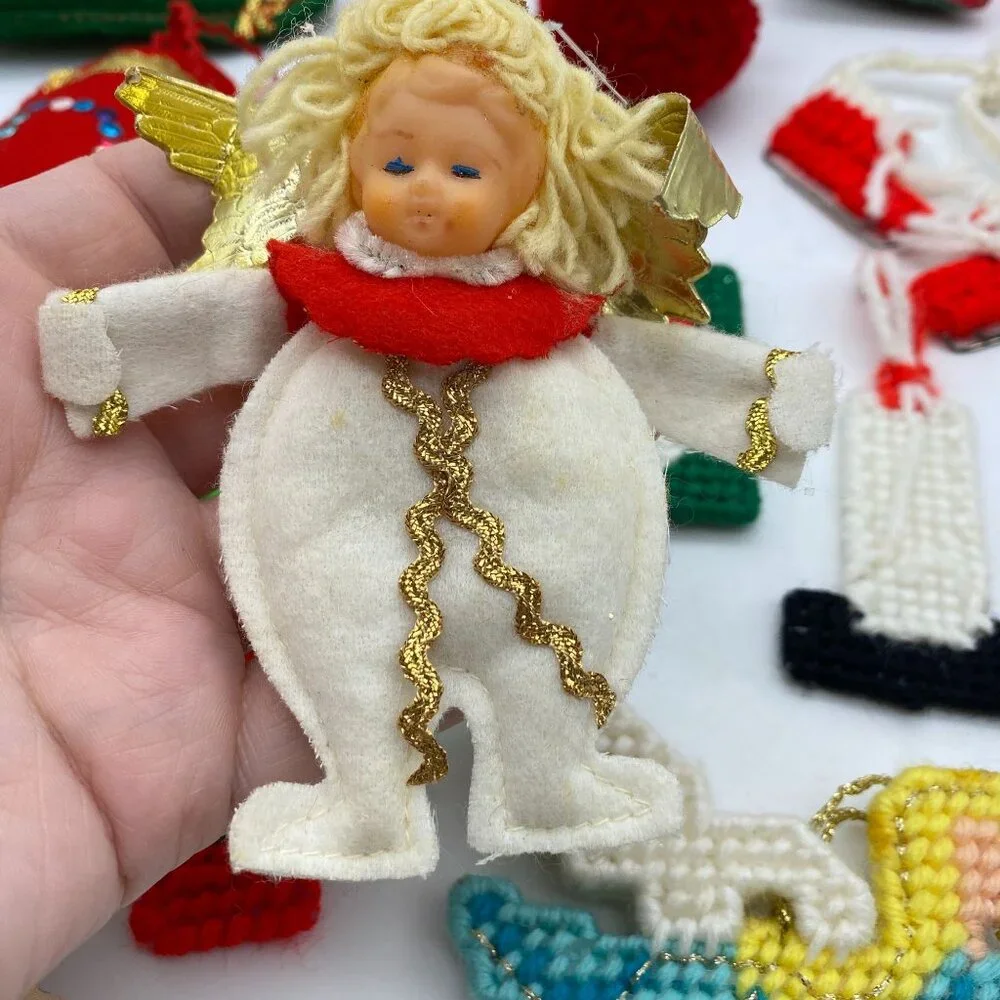 Vintage‎ Christmas handmade ornament lot felt cross stitch metal hand sewn